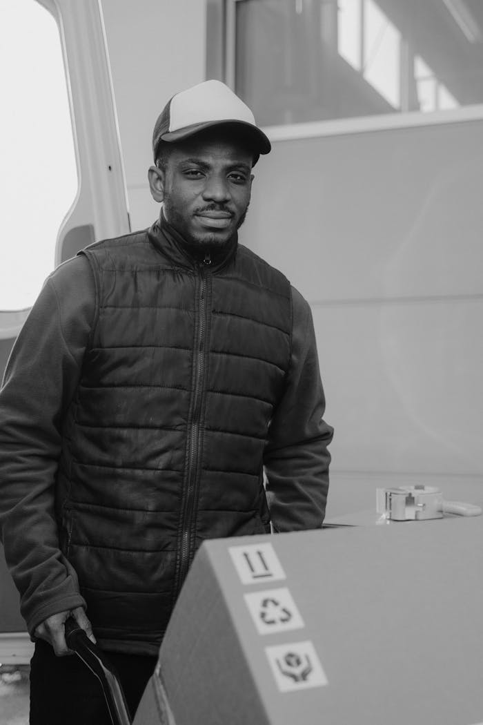Monochrome image of a delivery man in a vest standing by a van with packages.